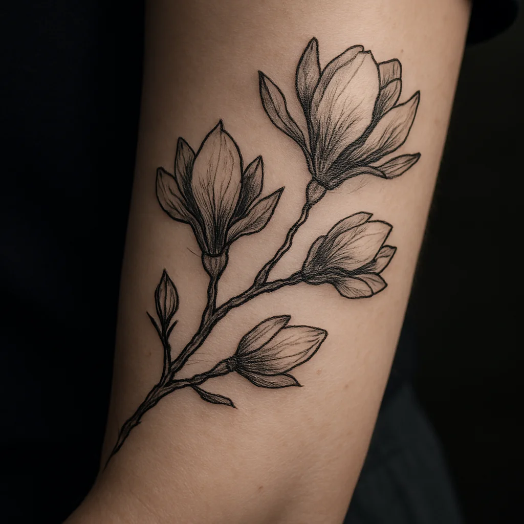 Magnolia branch tattoo running diagonally across the outer forearm in soft grey