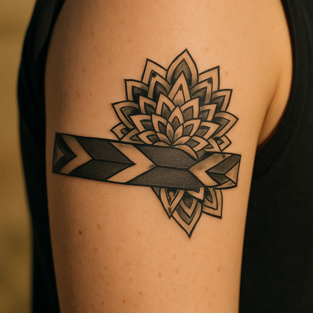 Mandala armband with outward-facing focal point on the outer bicep, geometric style
