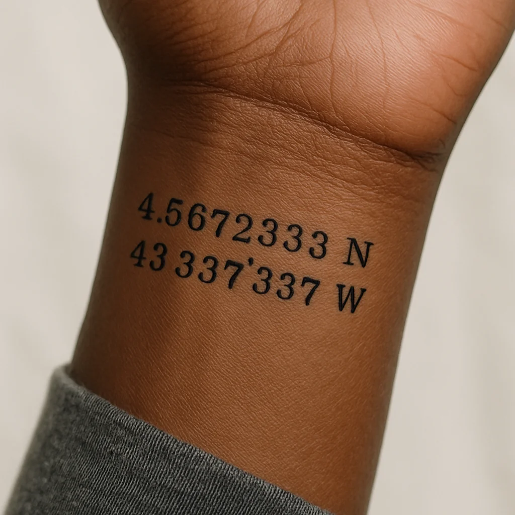 Map coordinates tattoo in typewriter font on a man's inner wrist