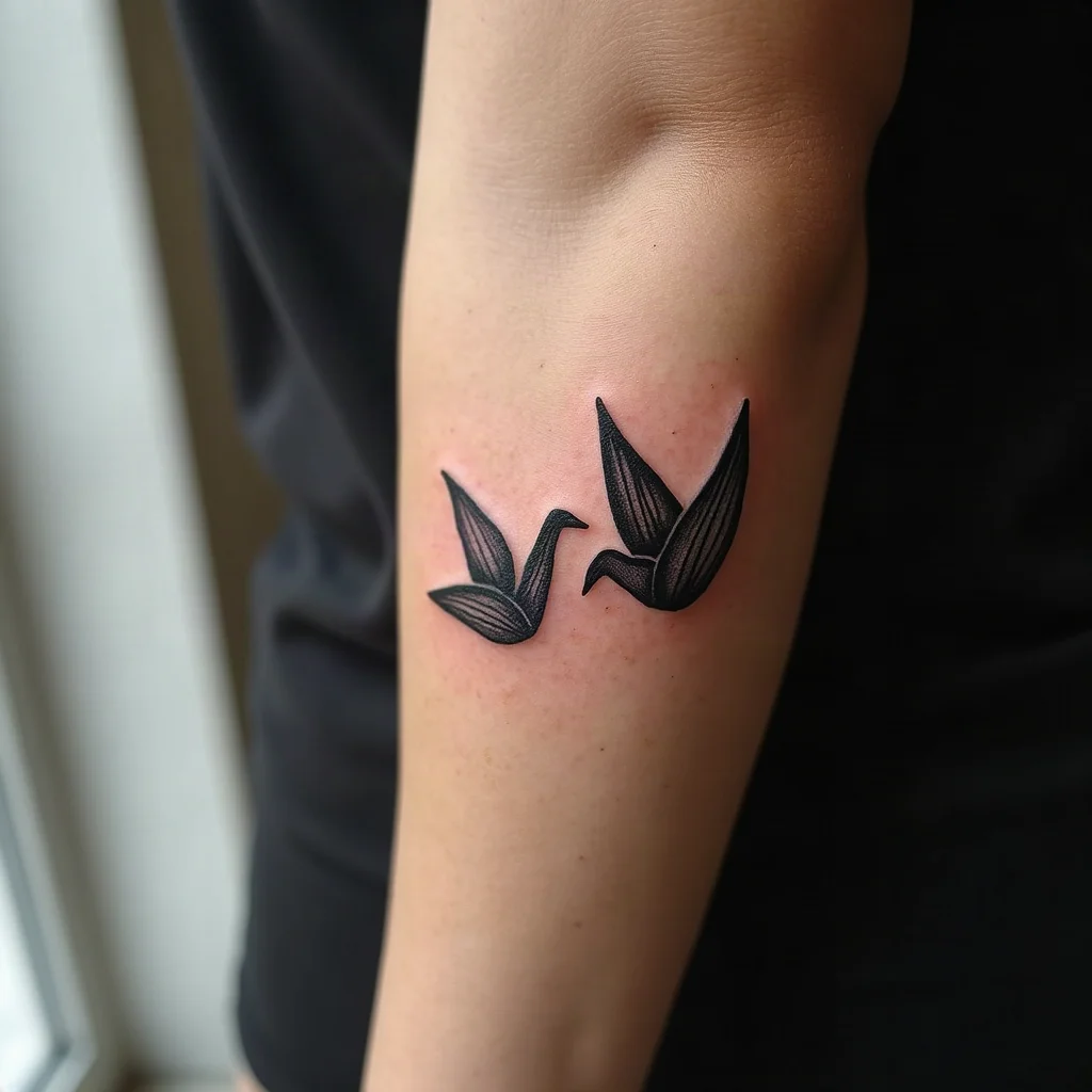 Matching fine-line paper crane tattoo on a mother's inner forearm, drawn to pair with her son's bolder version