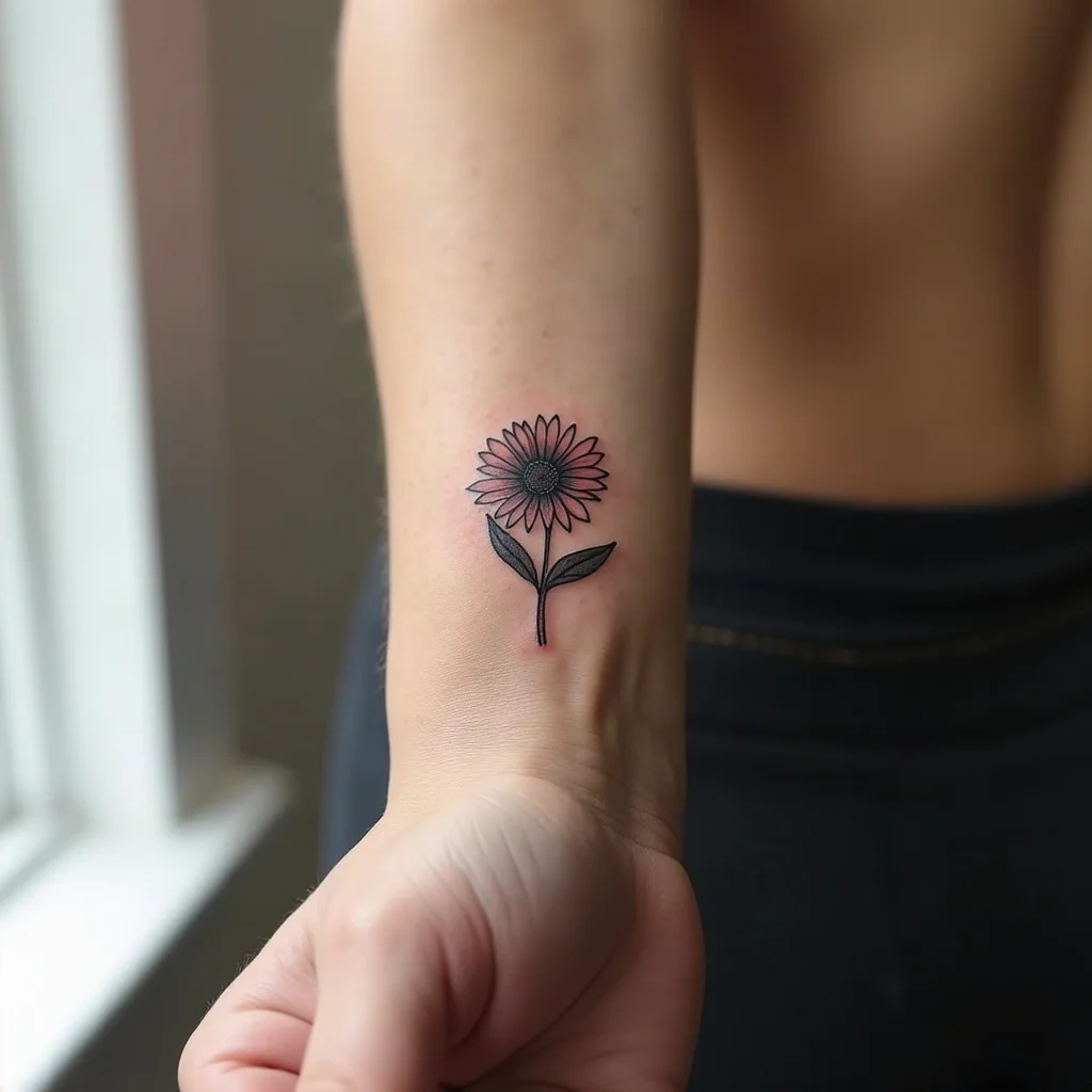 Matching micro aster tattoo on the inner wrist from a family set