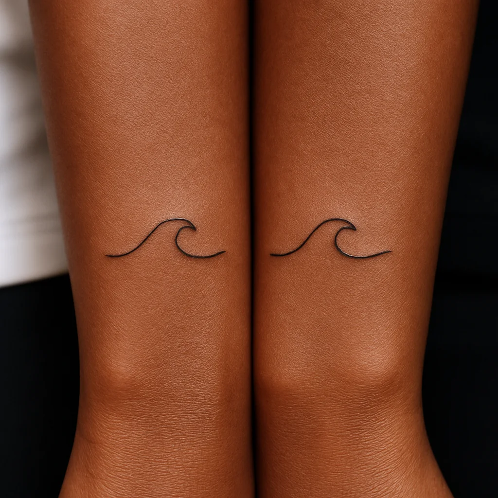 Matching small fine-line wave couple tattoos in identical line weight on two inner forearms held side by side