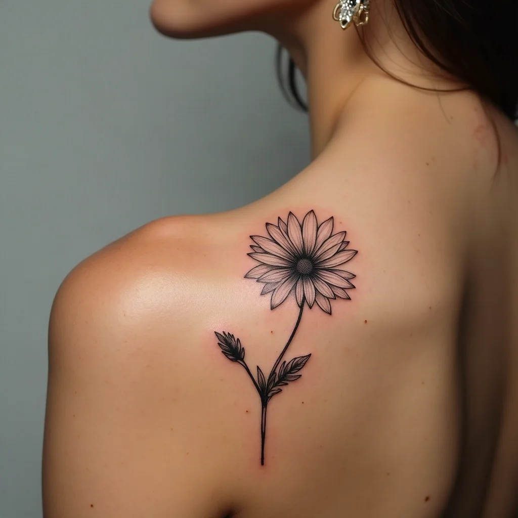 Memorial aster with one falling petal tattooed on the shoulder blade