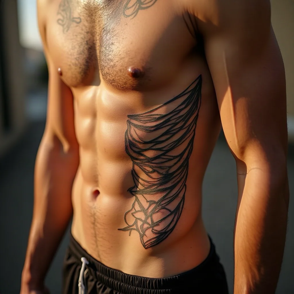 Mid-size illustrative rib tattoo panel with linework following the bone on a man's ribcage