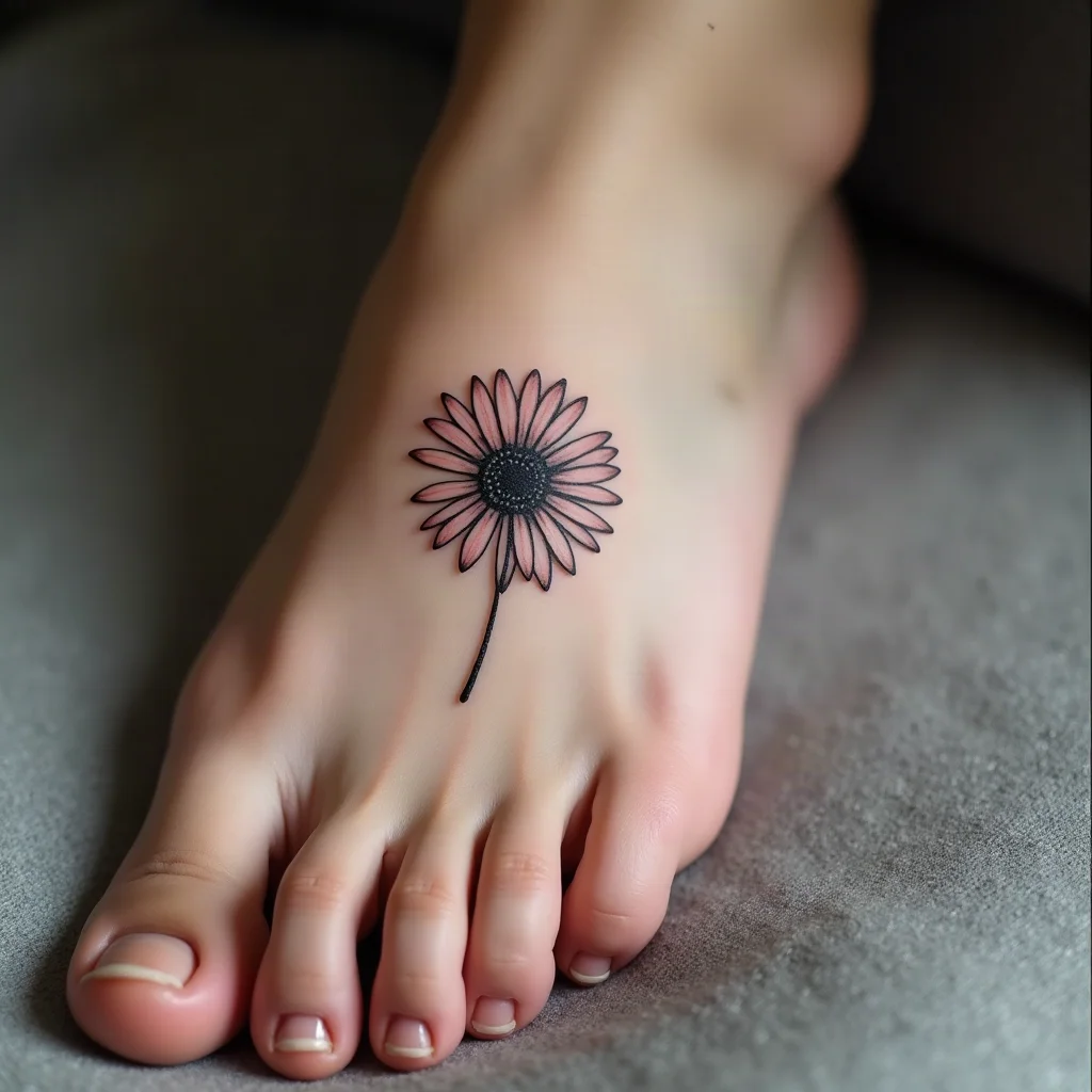 Minimalist aster with dashed detached petals tattooed on the top of the foot