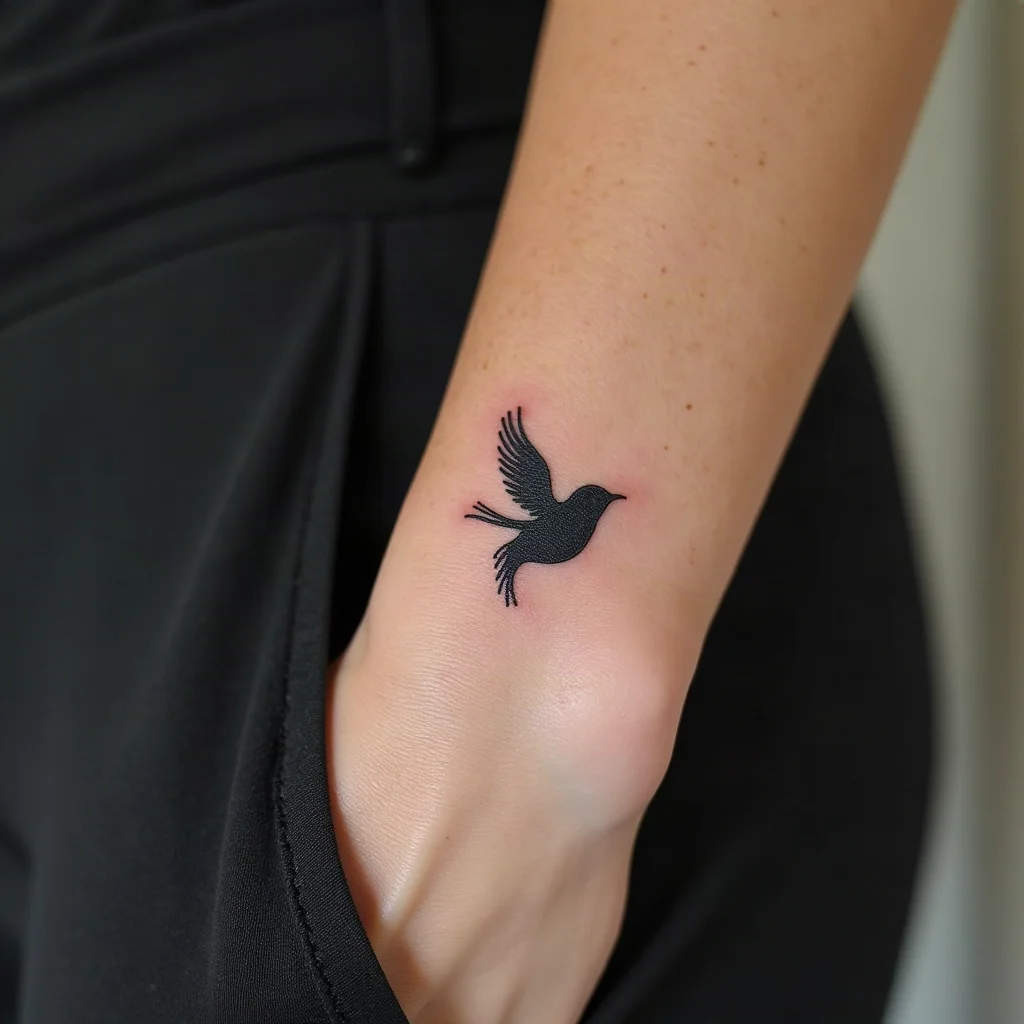 Minimalist bird silhouette tattoo on a mother's inner wrist, matching her son's larger bird