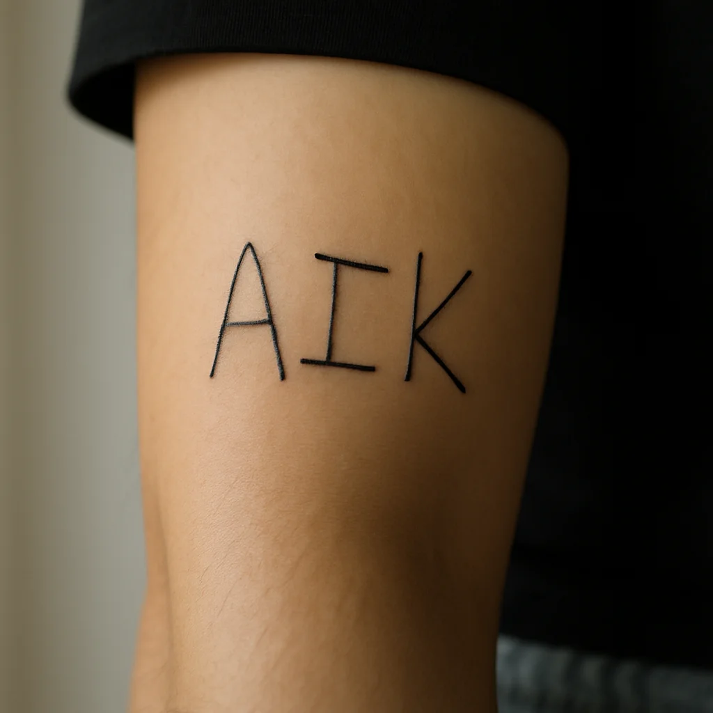 Minimalist child's handwritten signature in uneven capitals tattooed on an outer forearm