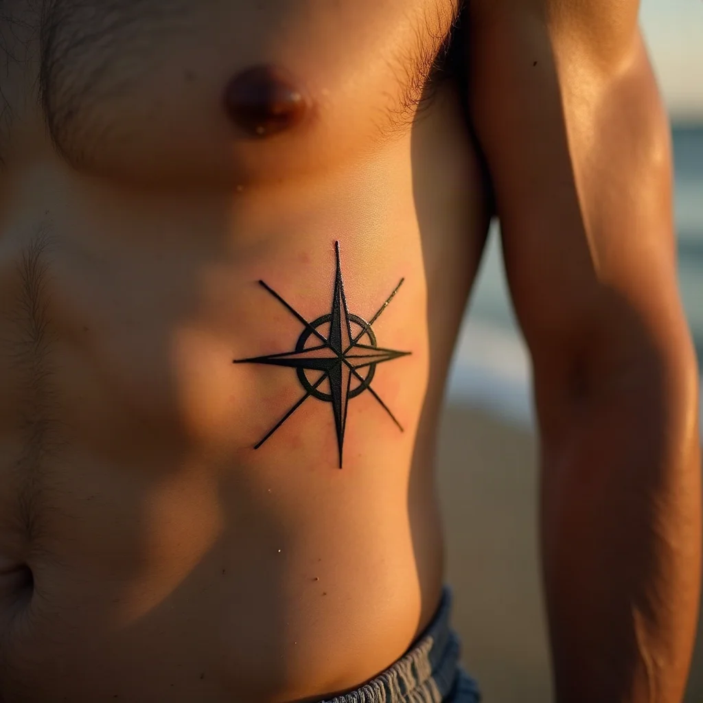 Minimalist compass rose tattooed high under the armpit on the side of the ribcage