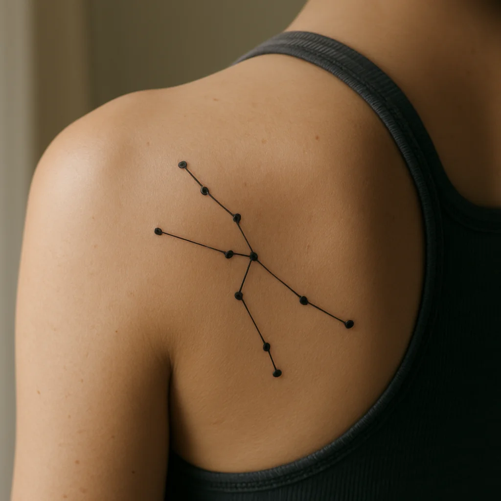 Minimalist constellation tattoo with dots and hairline connectors on the shoulder blade