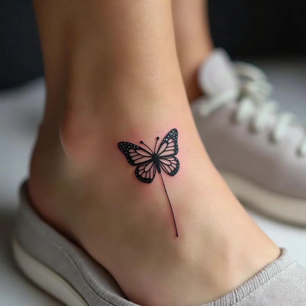Minimalist continuous single-line butterfly tattoo above the ankle bone