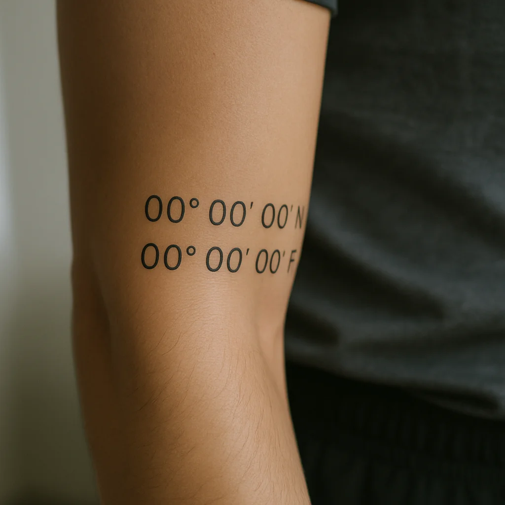 Minimalist coordinates lettering tattooed horizontally across the outer forearm