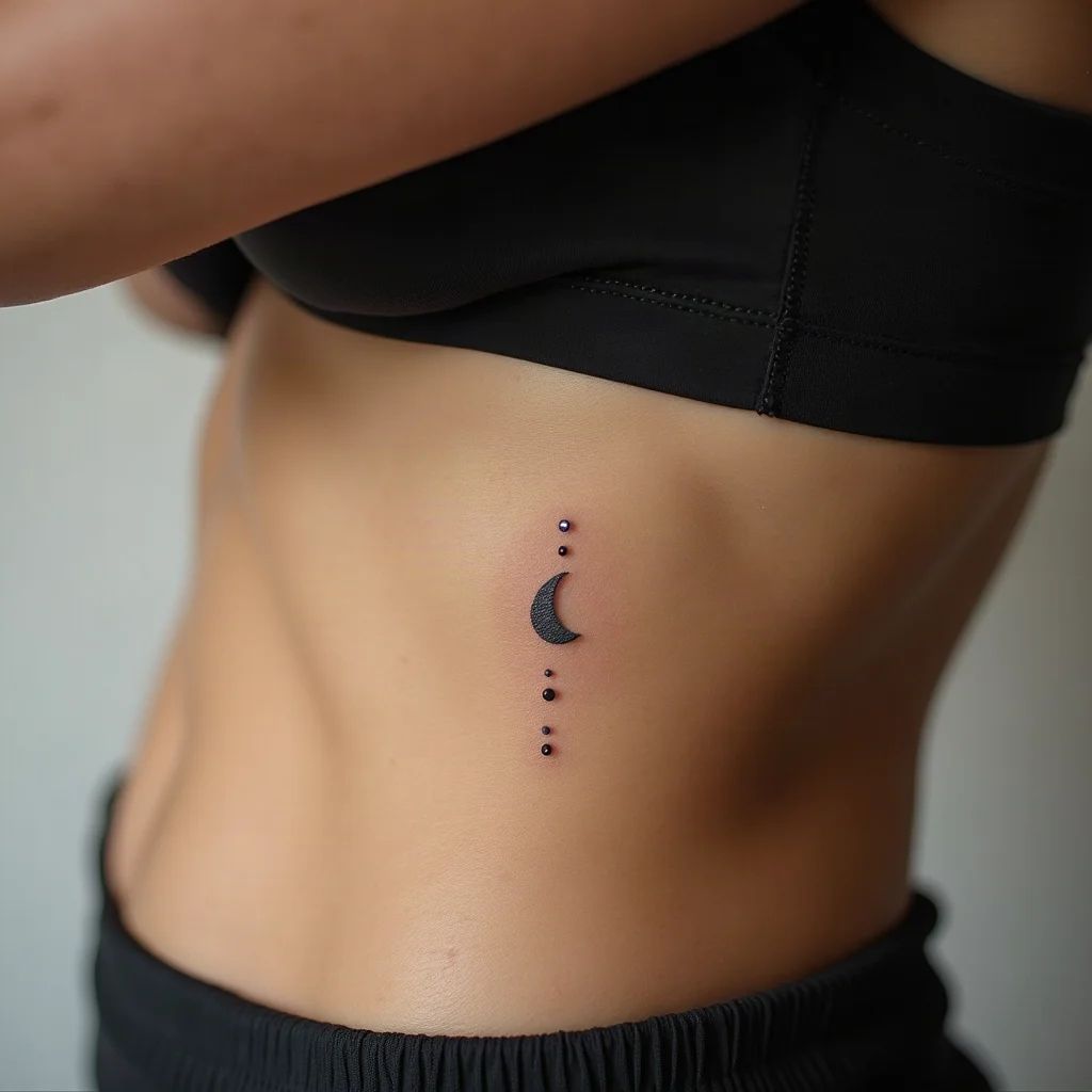 Minimalist crescent and dots tattoo under a woman's bust on the ribcage