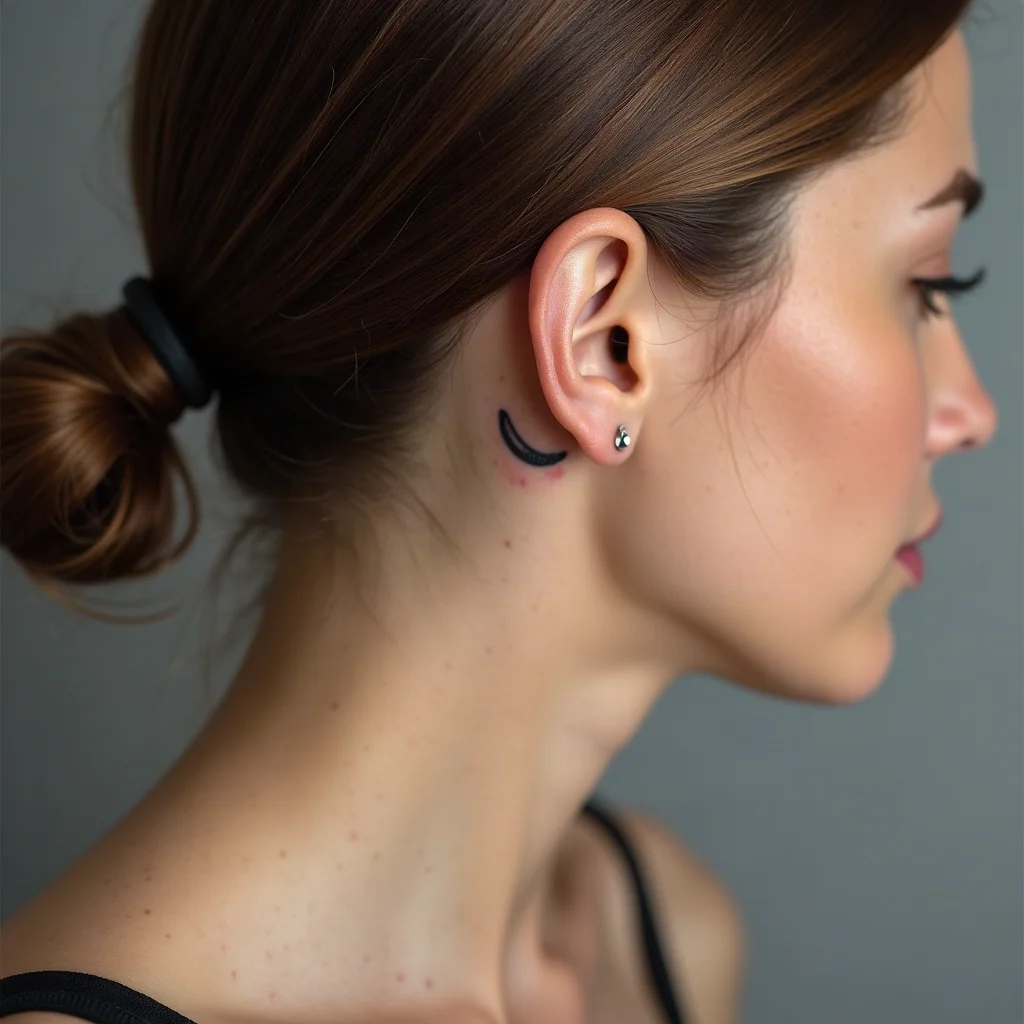 Minimalist crescent moon tattoo behind a woman's ear, hidden by her hair