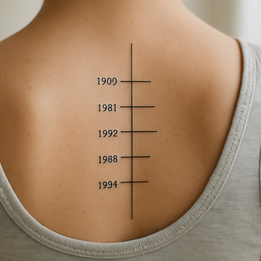 Minimalist door-frame height marks with years tattooed down the spine
