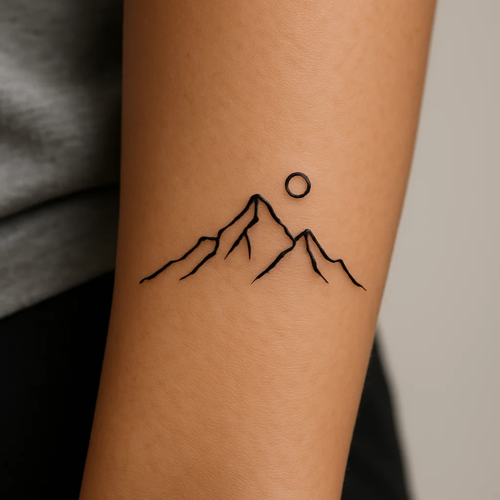 Minimalist half mountain ridgeline with a small sun tattooed on an outer forearm