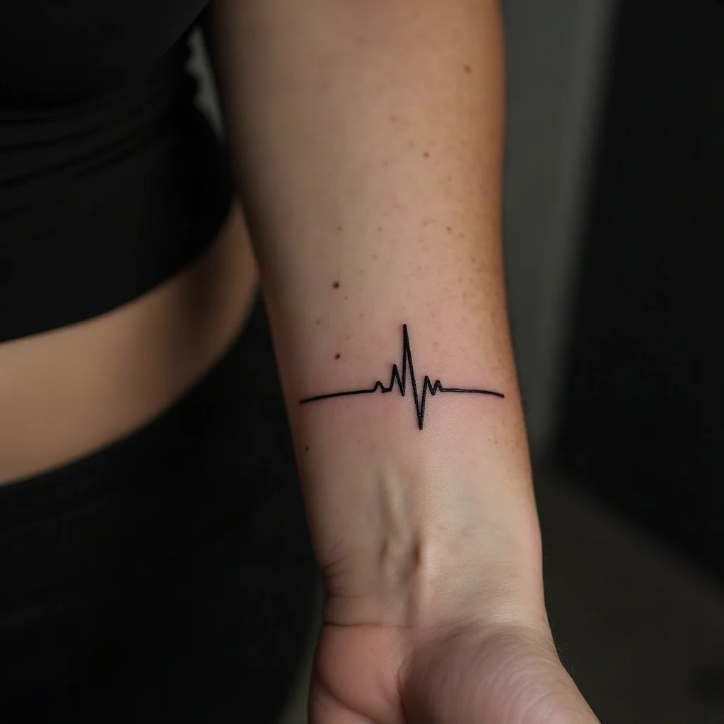 Minimalist heartbeat line tattoo across a sister's inner wrist