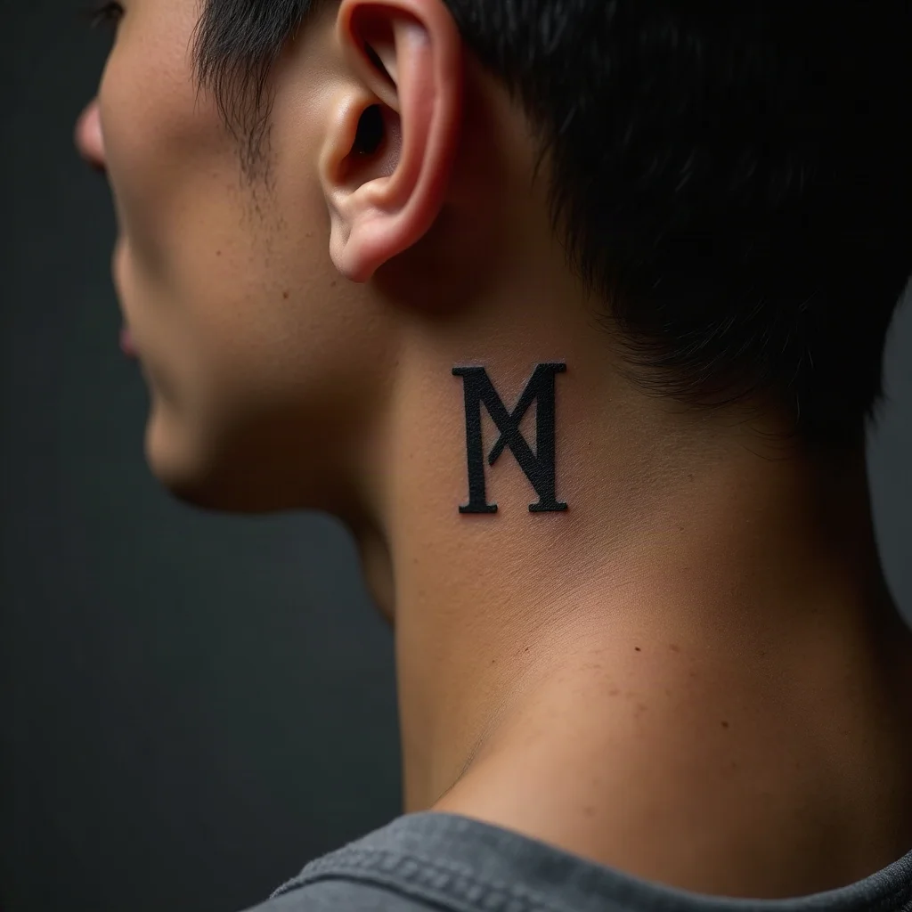 Minimalist interlocking initials tattoo behind a mother's ear, matching her son's monogram
