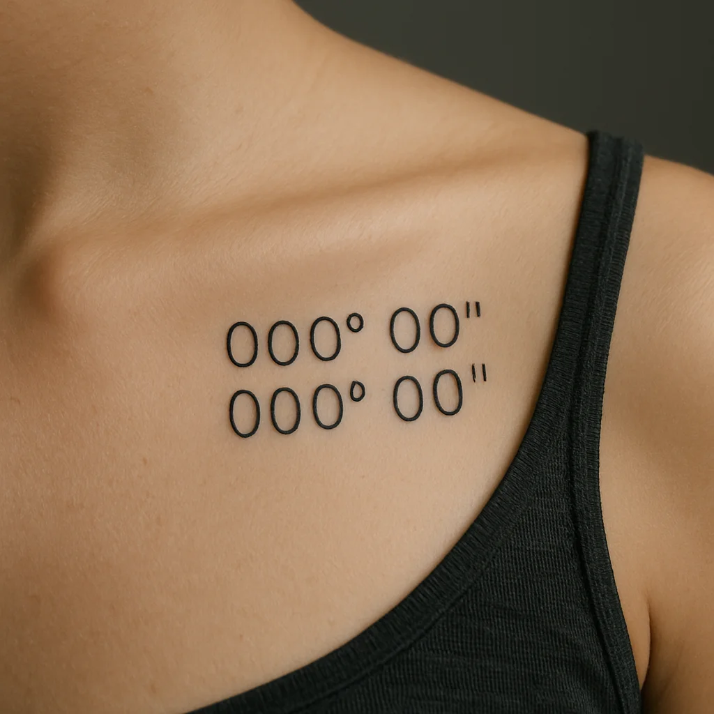 Minimalist latitude and longitude coordinates tattooed under a collarbone