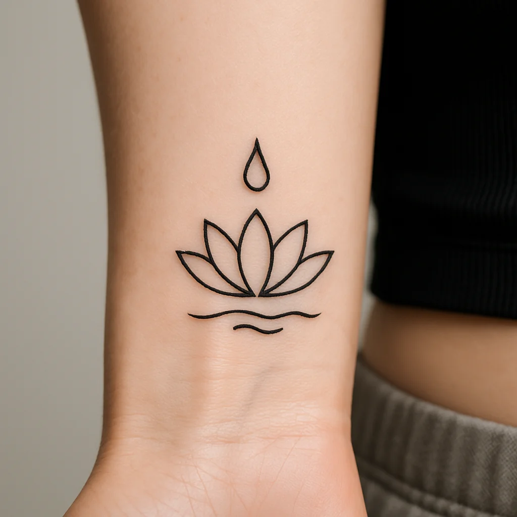Minimalist lotus and water drop tattoo on the inner wrist symbolising calm breathing