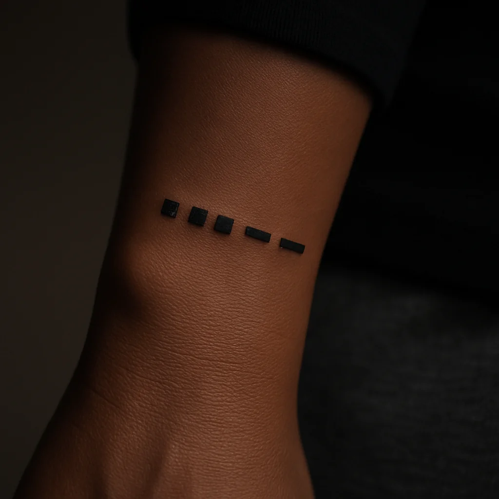Minimalist Morse code nickname in solid dots and dashes along the side of the wrist