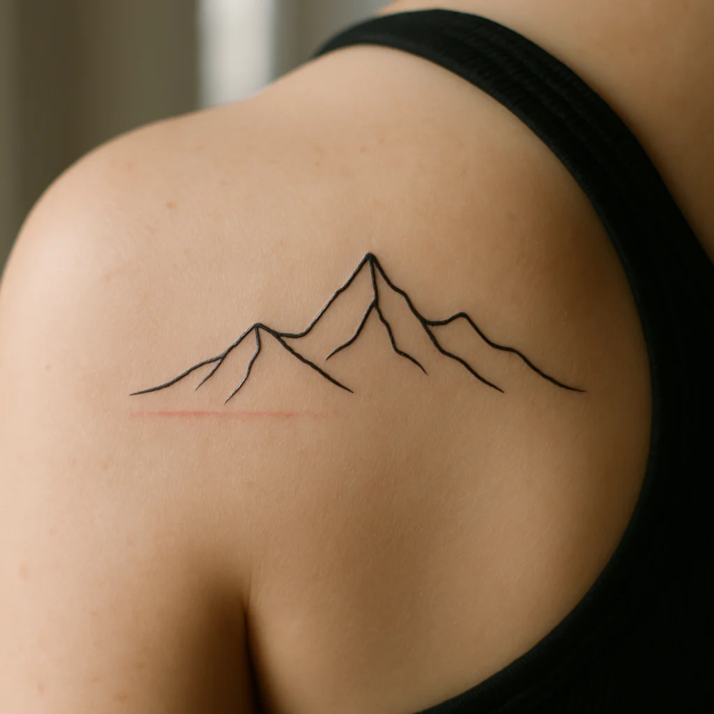 Minimalist mountain outline tattoo on a shoulder blade with a faint red adhesive line from the film edge