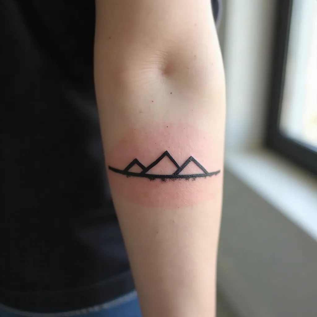 Minimalist mountain ridge segment tattoo on a sister's outer forearm