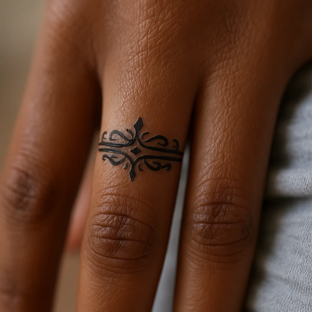 Minimalist ornamental band tattoo on a finger, unwrapped and freshly washed