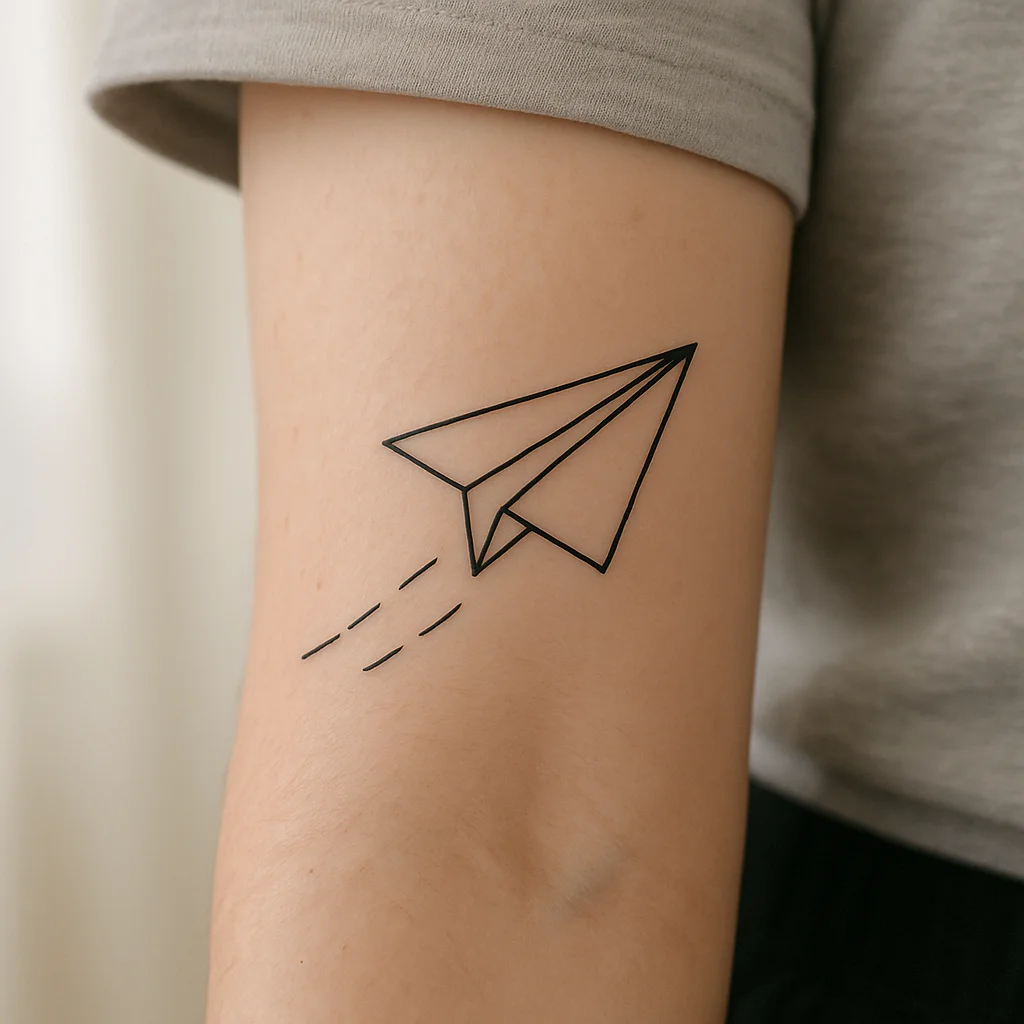 Minimalist paper plane tattoo with dashed flight path on the inner forearm