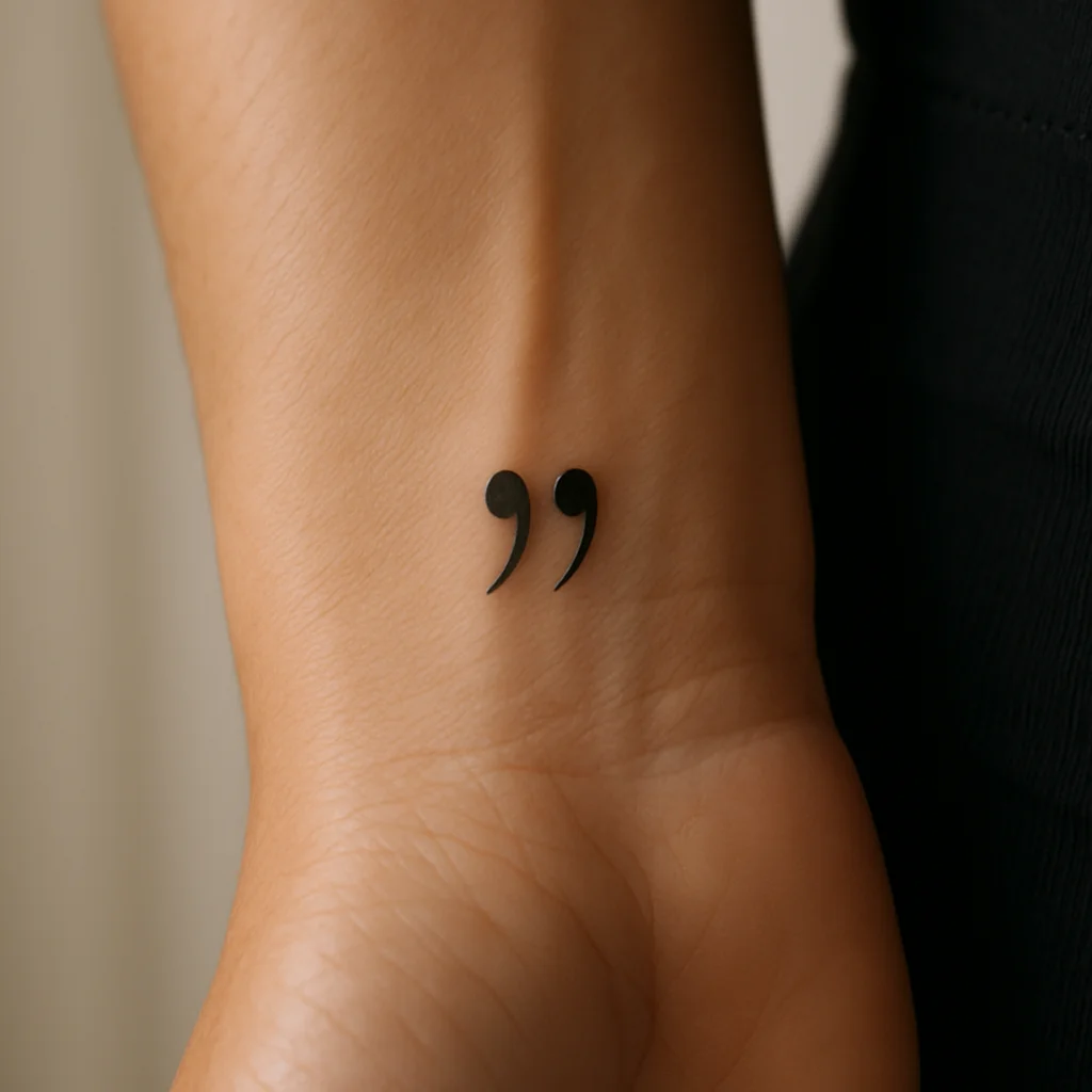 Minimalist quotation mark tattoo under two centimetres on the side of the wrist