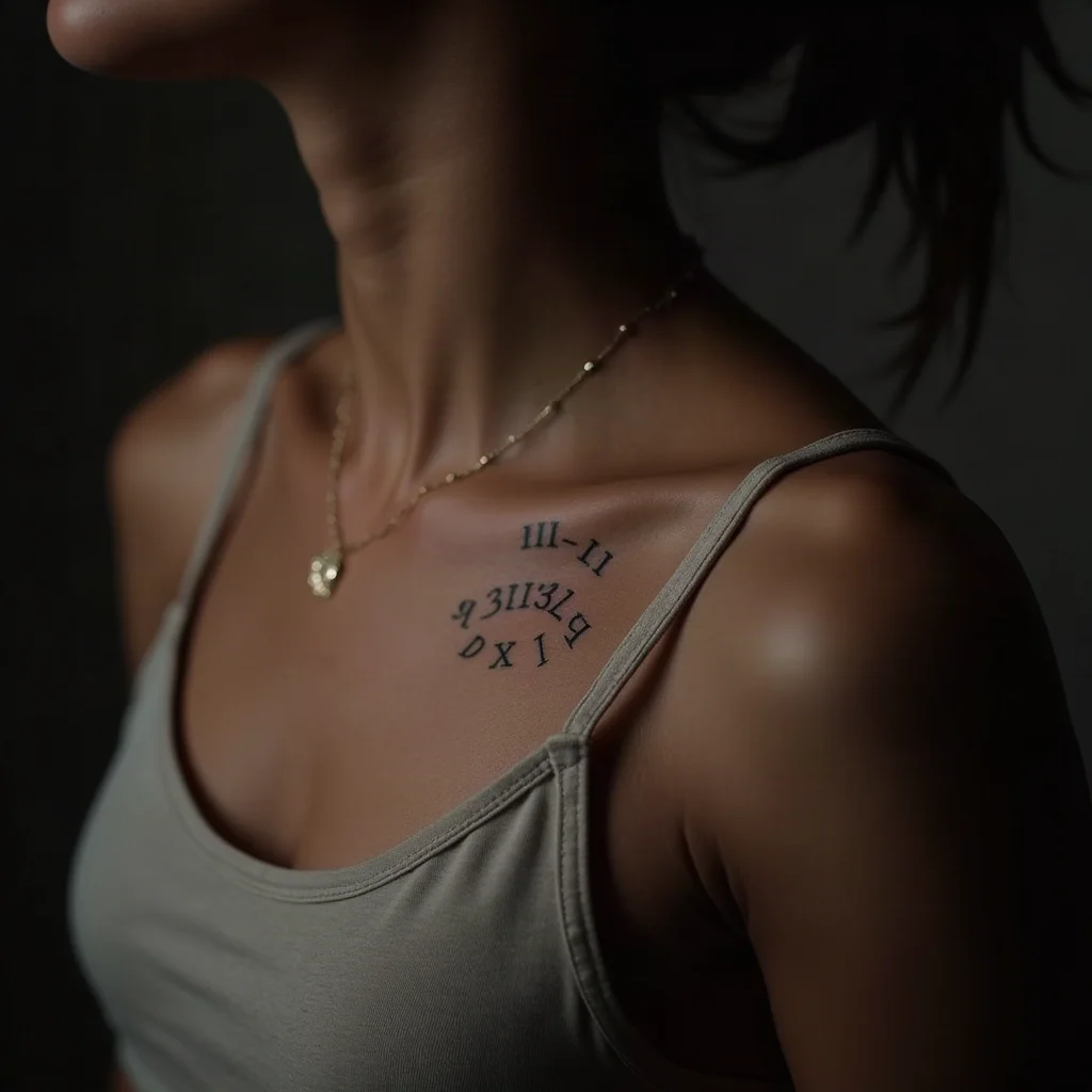 Minimalist Roman numeral birth date tattoo under a mother's collarbone, matching her son's
