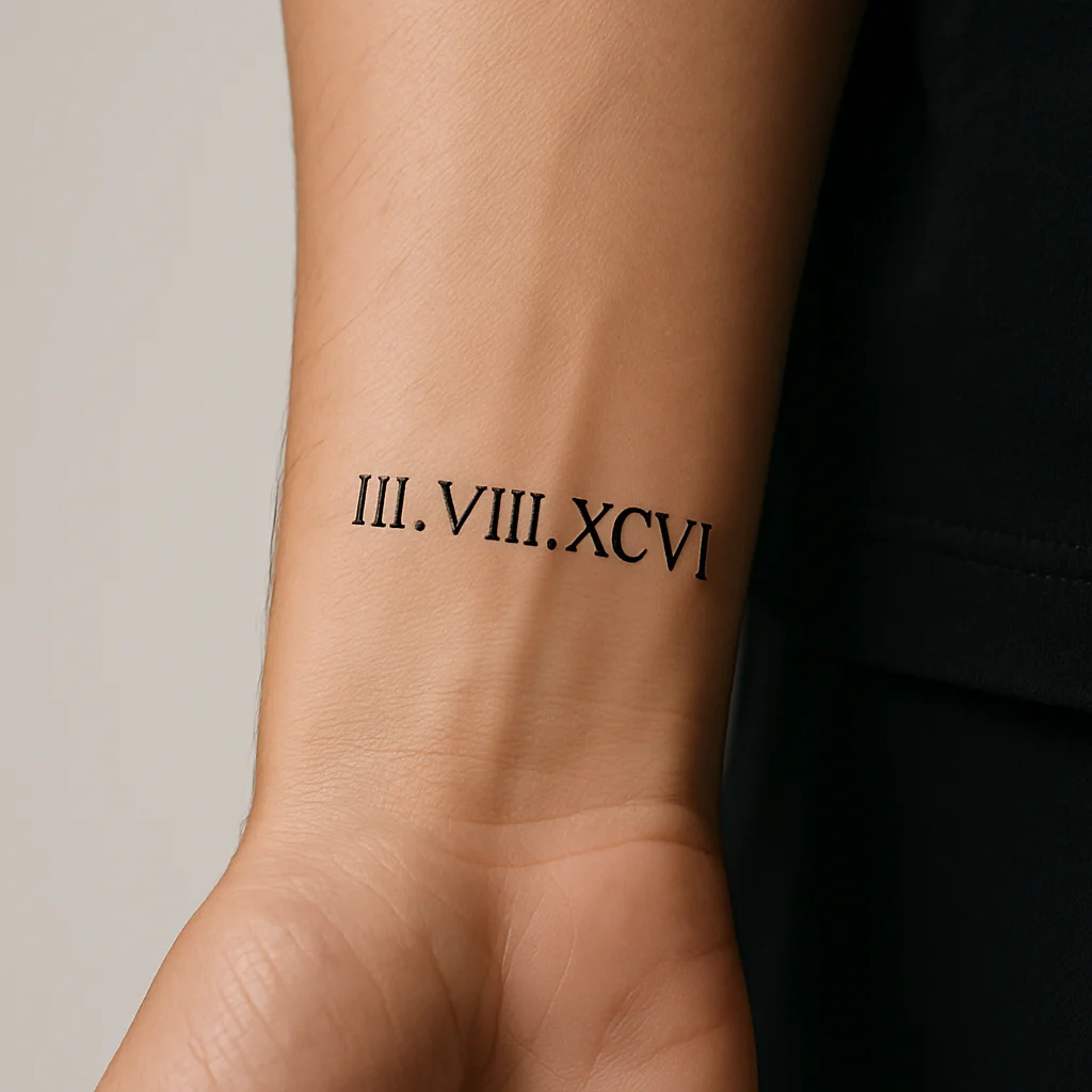 Minimalist Roman numeral birthdate tattooed across an inner wrist