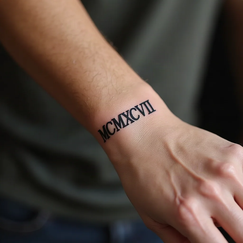 Minimalist Roman numeral year MCMXCVIII in slim serif capitals tattooed on the inner wrist