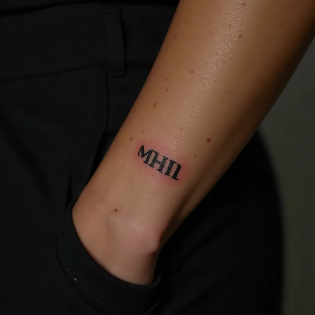 Minimalist Roman numeral year tattooed in small capitals along the inside of a finger