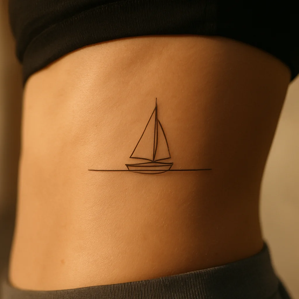 Minimalist sailboat on a single horizon line tattooed along the side of the ribcage