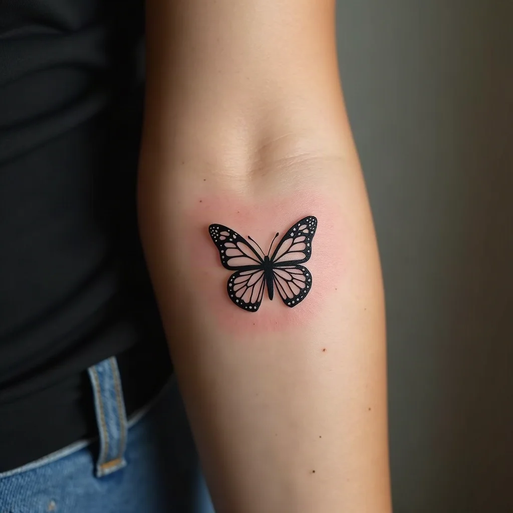 Minimalist semicolon-bodied butterfly tattoo on the inner forearm