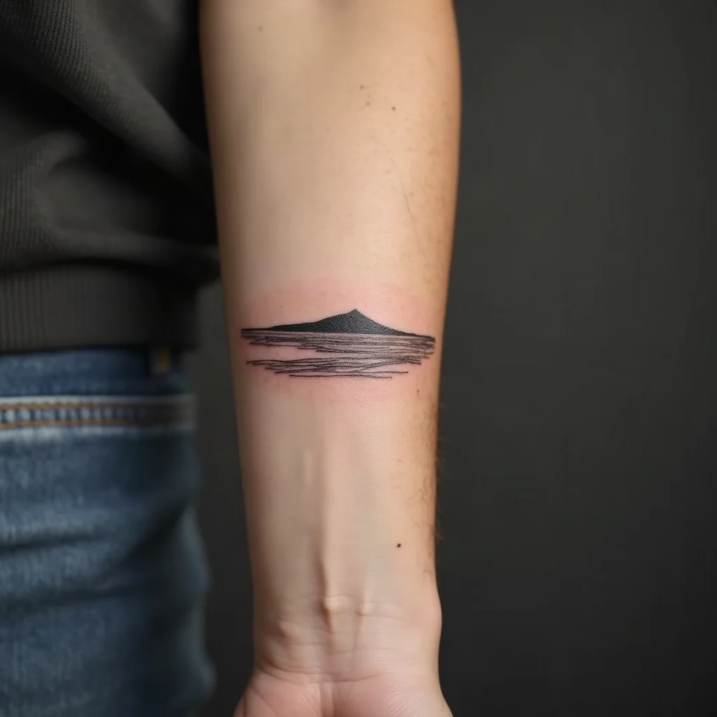 Minimalist shoreline wave segment tattoo on the side of a woman's wrist