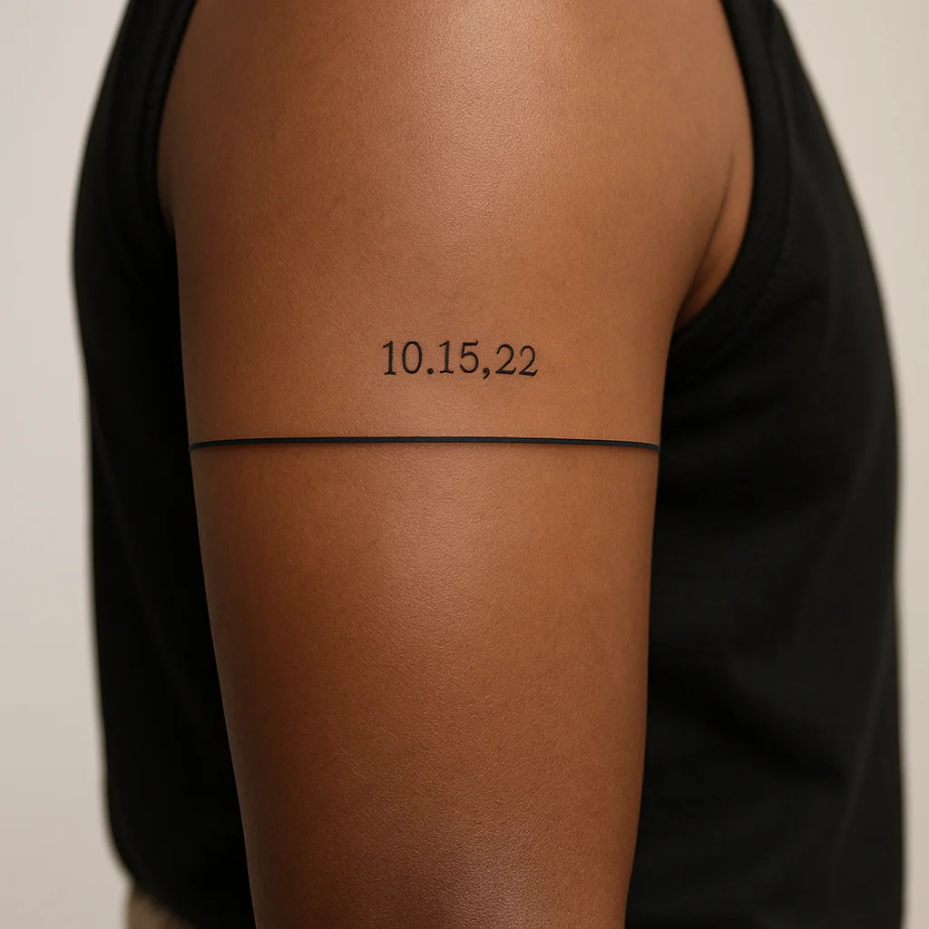 Minimalist single-line armband with a small sobriety date on the bicep