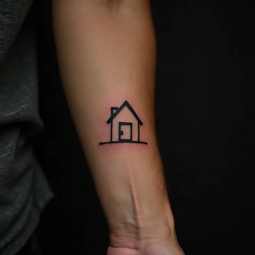 Minimalist single-line childhood home tattoo on a man's inner wrist
