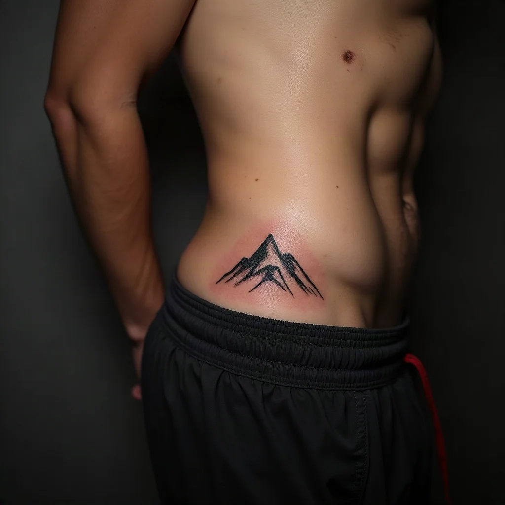 Minimalist single-line mountain ridge tattoo on the lower side of the ribcage
