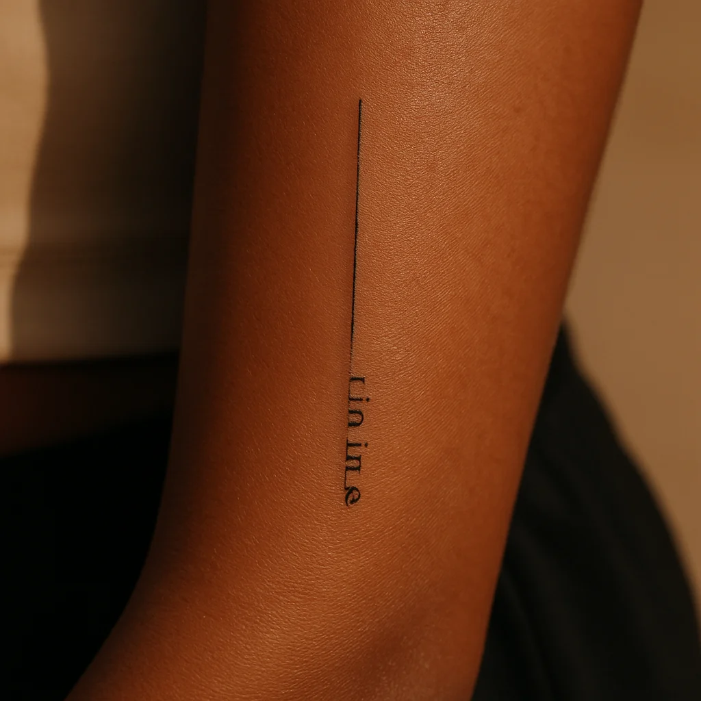 Minimalist single-line serif script tattoo running lengthwise along an inner forearm