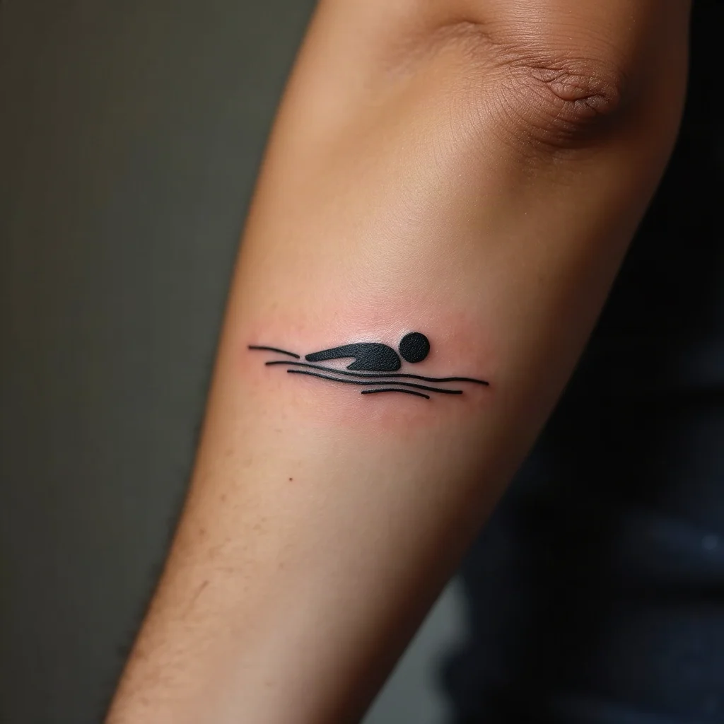 Minimalist single-line swimmer mid-stroke with a thin horizon line on the side of the wrist