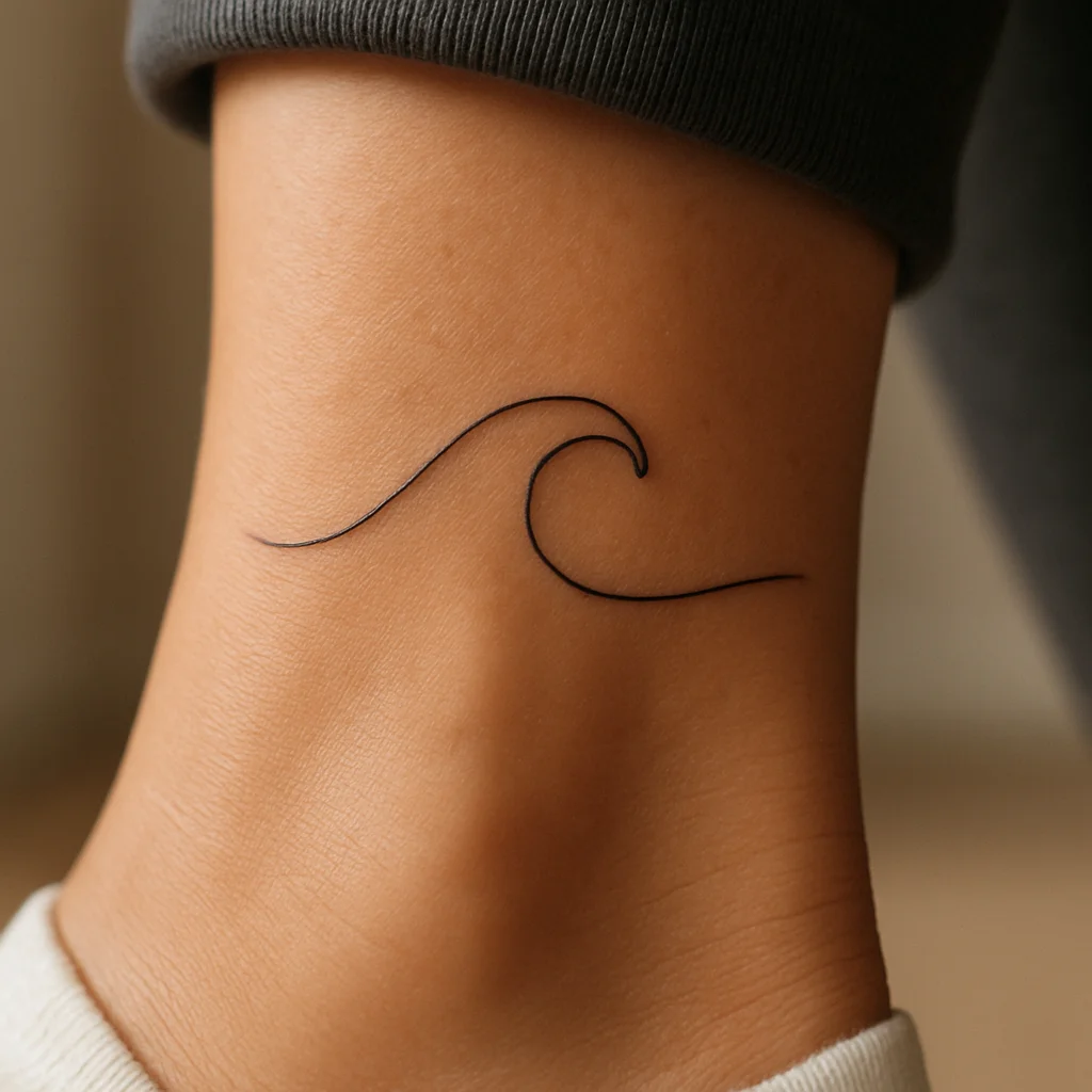 Minimalist single-line wave tattoo curling around the ankle bone in simple black linework