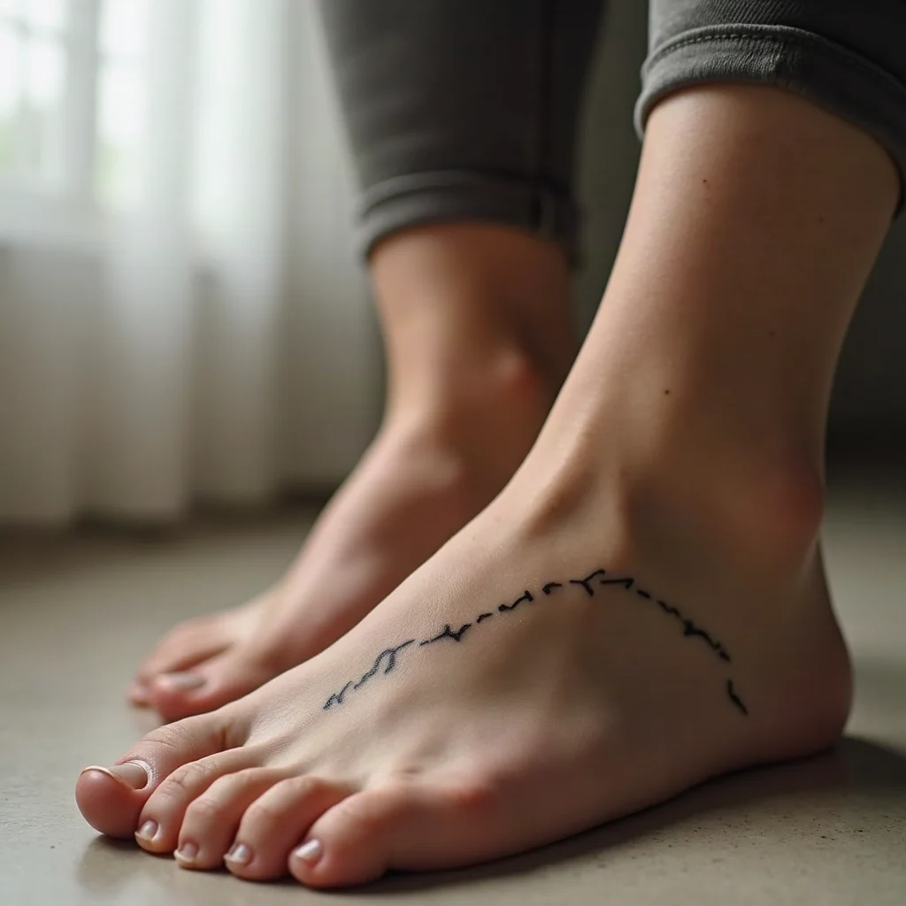 Minimalist single wave line tattoo above a sister's ankle bone