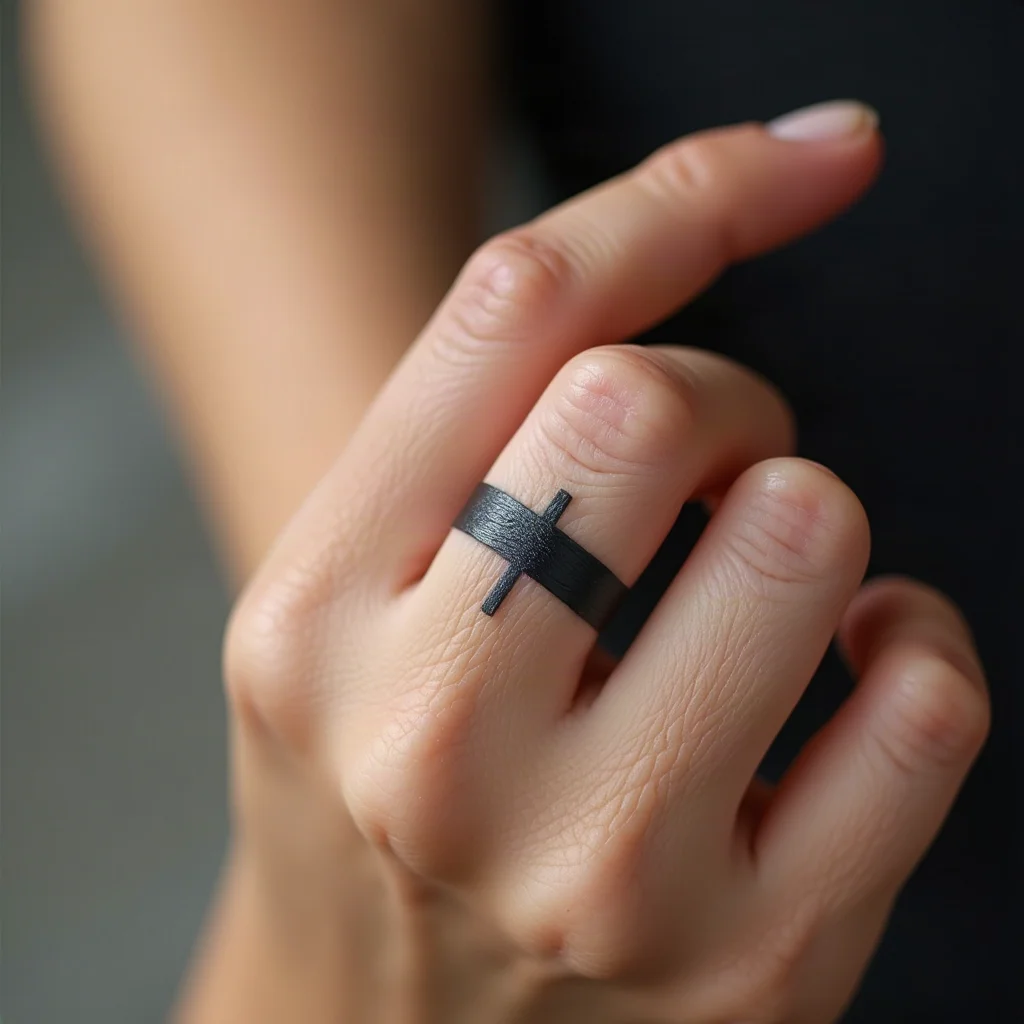 Minimalist slim band tattoo on the inside of a woman's finger, hidden by a ring