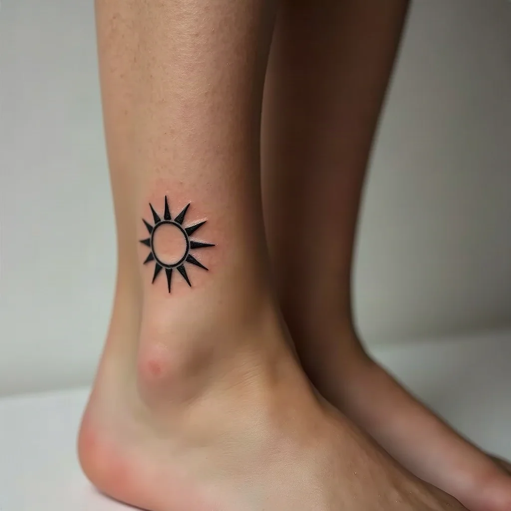 Minimalist small sun tattoo on a woman's inner ankle above the sock line