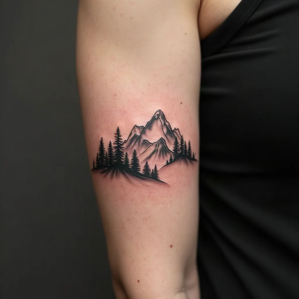 Minimalist split mountain ridge tattoo on a son's outer forearm, matching his mother's other half