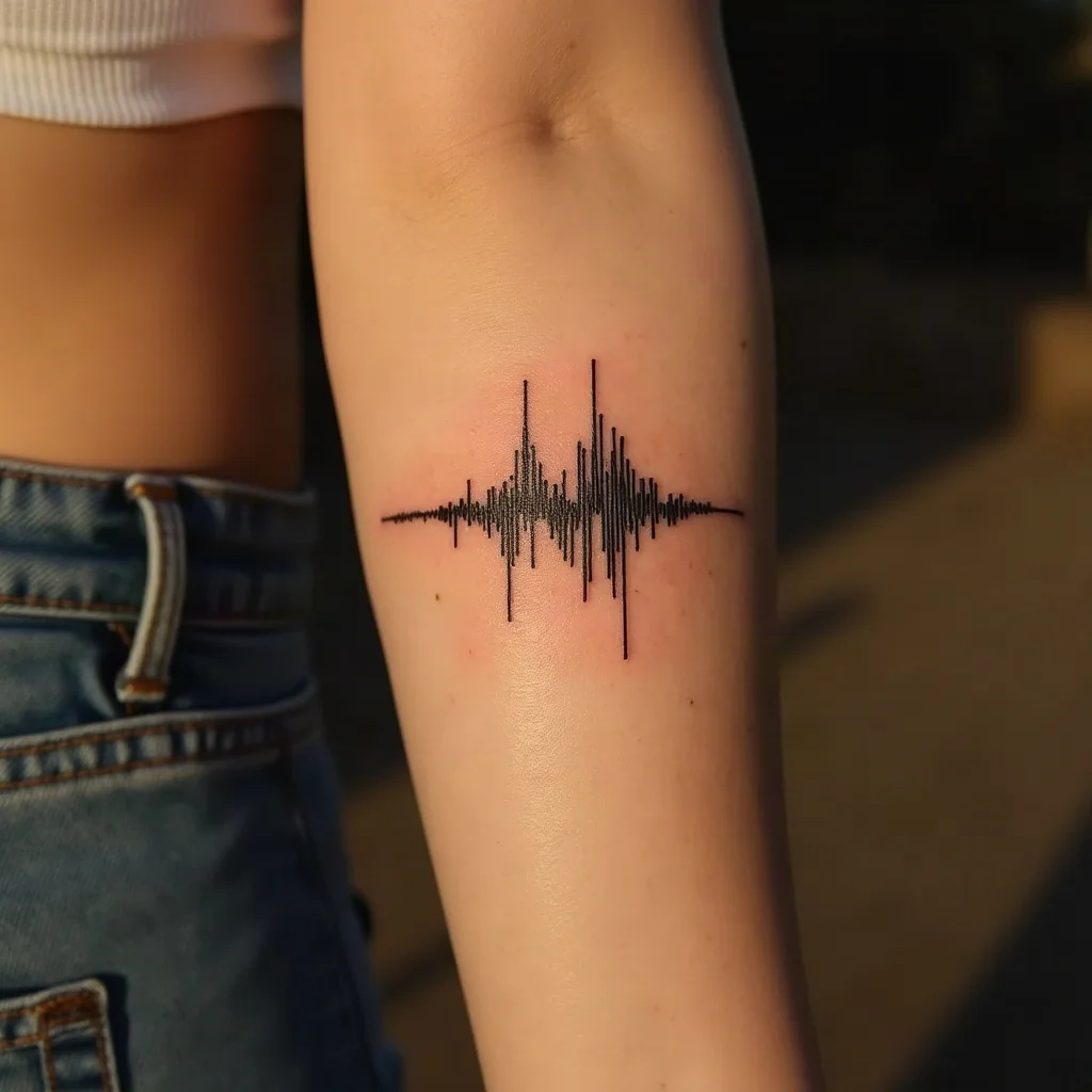 Minimalist split soundwave tattoo on a mother's outer forearm, completed by her son's second half