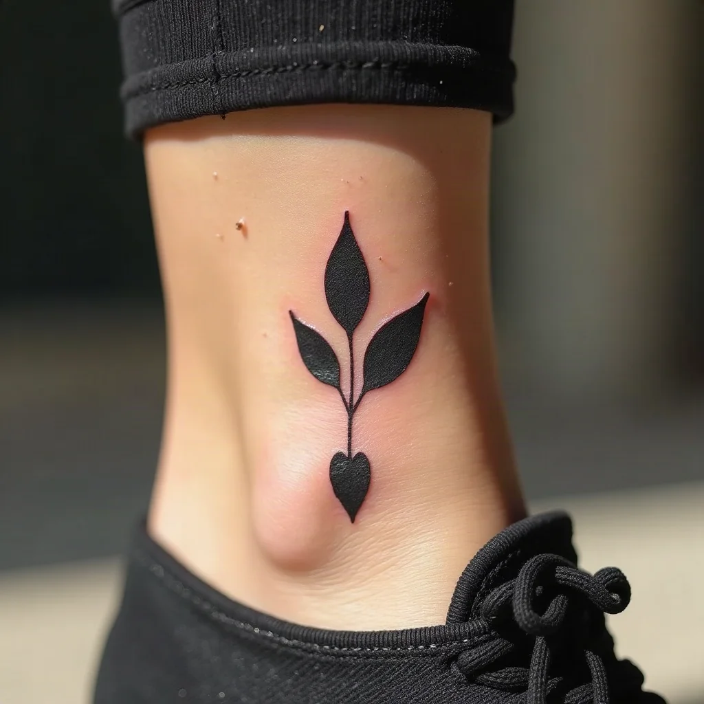 Minimalist sprout tattoo above a woman's ankle from a seed, sprout and bloom sister set