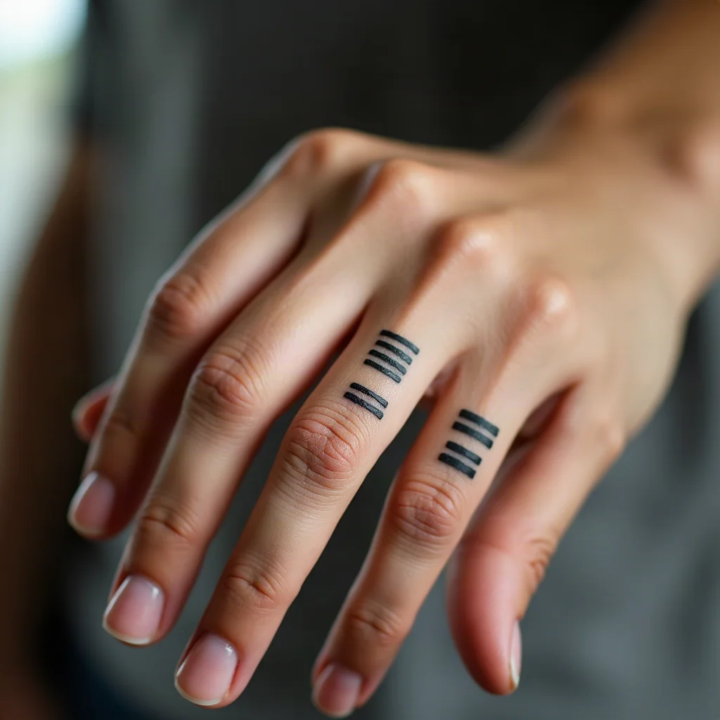 Minimalist tally mark tattoo on a sister's finger showing birth order