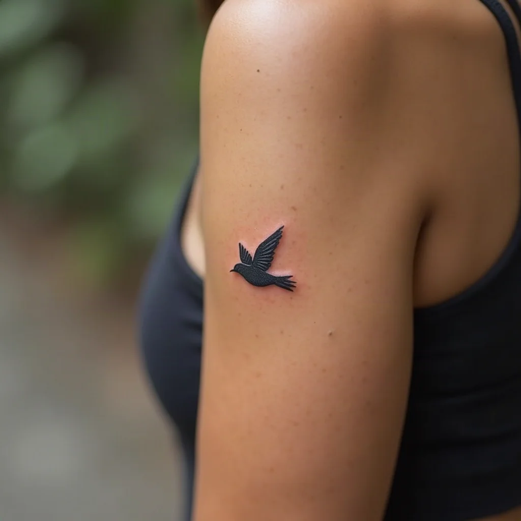 Minimalist tiny bird tattoo on a woman's inner forearm below the wrist crease